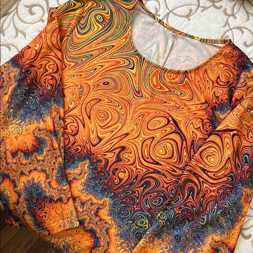 Graphic Long Sleeve Orange and Blue Blouse